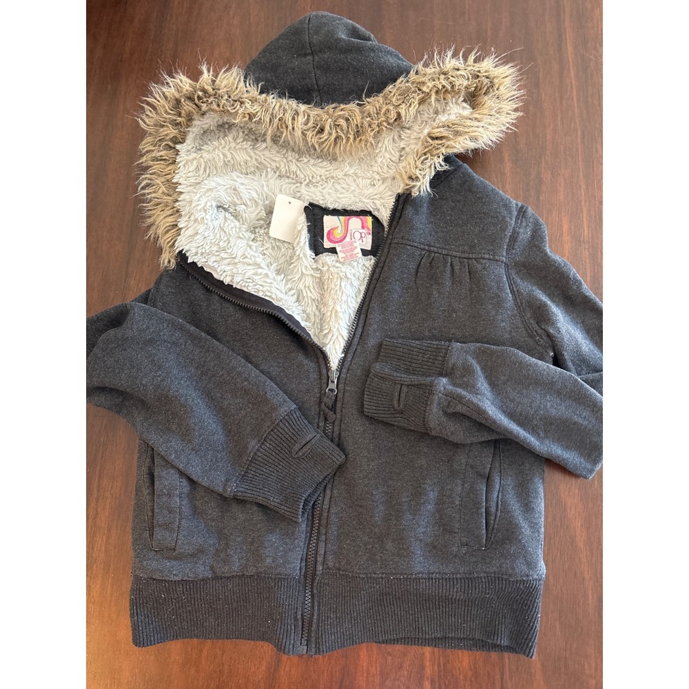 OP Ocean Pacific Black Faux Fur Lined Zip Up Hoodie Jacket Juniors Large 11-13